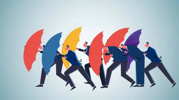 Vector illustration of Against wind and cold, thunderstorms, problems or troubles, avoiding risks and crises, insurance and protection, businessmen have taken umbrellas to fight against the wind and cold