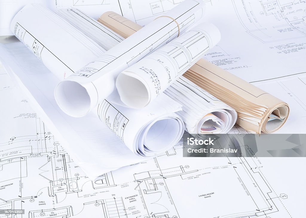 blueprints blueprints on designer's desk Blueprint Stock Photo