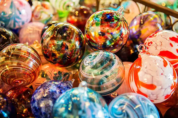 Colorful blown glass Christmas ornaments.  RM