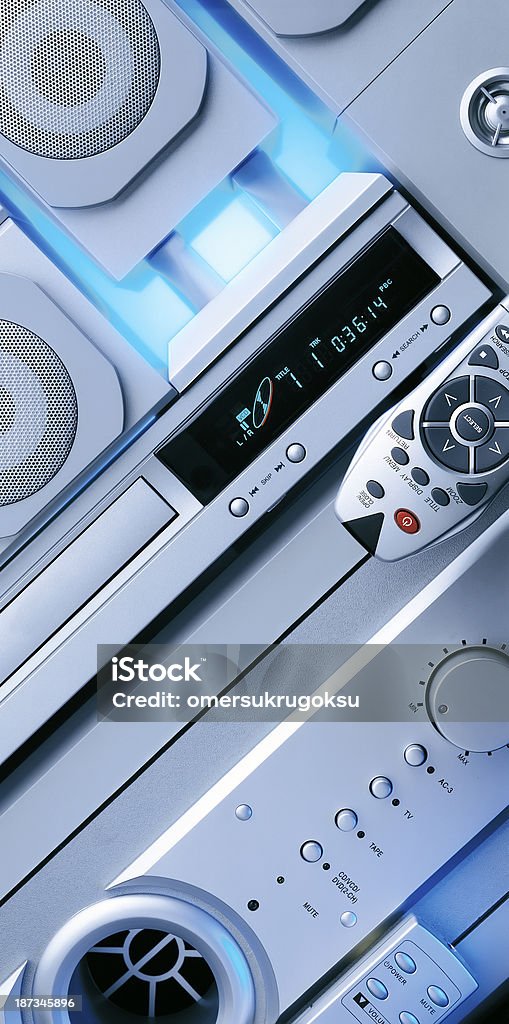 DVD Player DVD player with remote and Speakers.  Amplifier Stock Photo