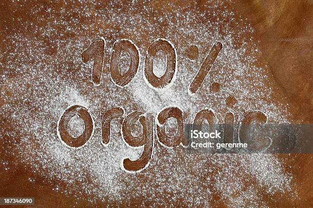 Organic Written On Flour Stock Photo - Download Image Now - Baked Pastry Item, Baking, Brown Background