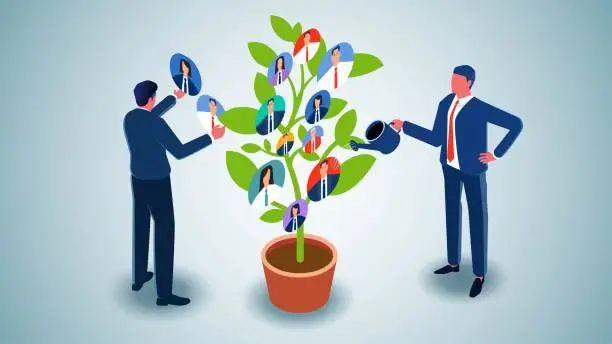 Vector illustration of Social or Business Relationship Nurturing, Human Resources Employee Management, Career Development and Planning. Isometric Manager Nurturing Employee Saplings