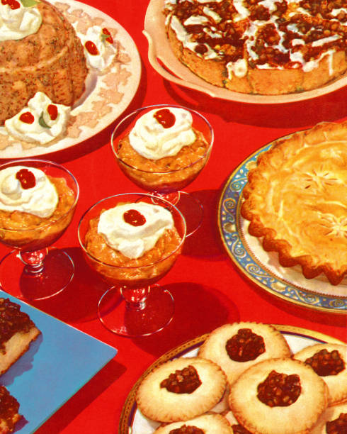 table full of desserts - fırında pişmiş hamur i̇şi illüstrasyonlar stock illustrations