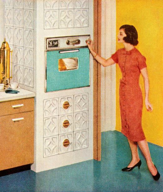 Woman Standing By Turquoise Oven Woman Standing By Turquoise Oven housekeeping staff photos stock illustrations