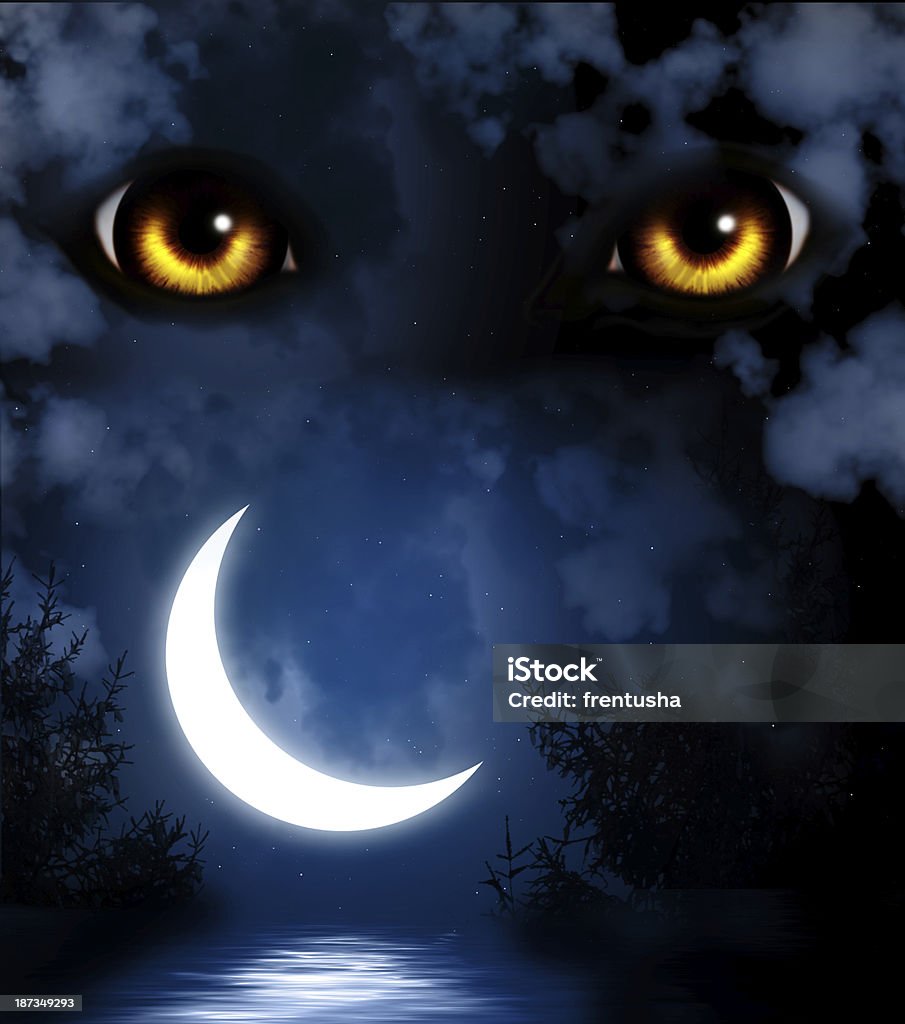 Yellow Eyes Over A Dark Night Background With Crescent Moon Stock ...