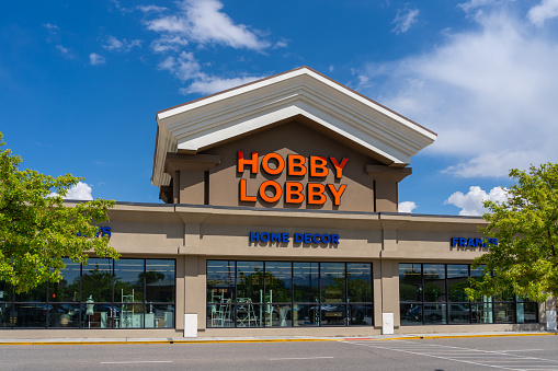 A Hobby Lobby store in Salt Lake City, Utah, USA - May 15, 2023. Hobby Lobby Stores is an American retail company that owns a chain of arts and crafts stores.