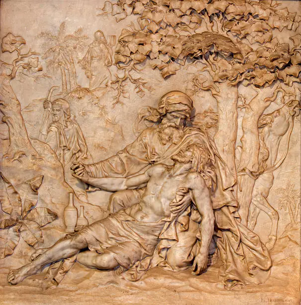 Antwerp - Marble relief of merciful Samaritan scene in St. Charles Borromeo church on September 5, 2013 in Antwerp, Belgium