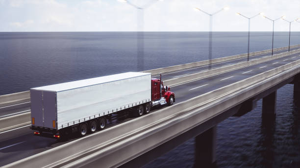American style truck on freeway pulling load. Transportation theme. 3D illustration