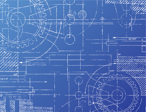 Grungy technical blueprint illustration on blue background