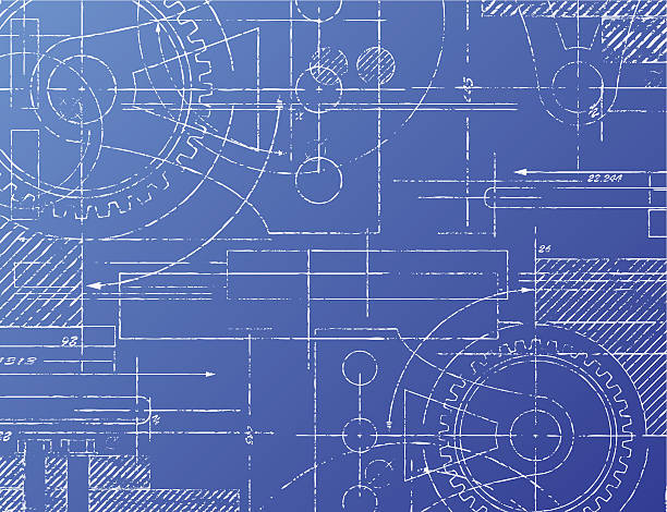 Blueprint Grungy technical blueprint illustration on blue background machine stock illustrations