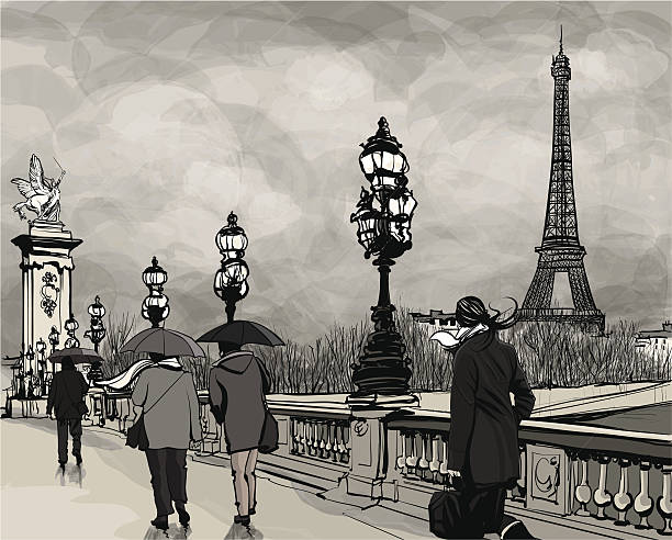 Drawing of Alexander III bridge in Paris showing Eiffel tower Drawing of a view of Alexander III bridge in Paris showing Eiffel tower. Nightfall  on a rainy autumn-winter day - Vector illustration. eiffel tower winter stock illustrations