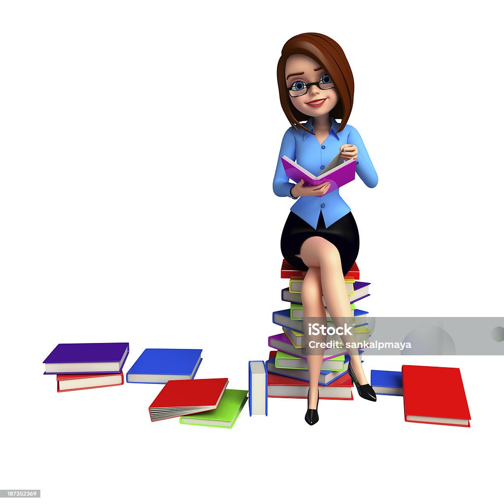Dziewczynka siedzi na stos książek - Zbiór zdjęć royalty-free (Białe kołnierzyki)