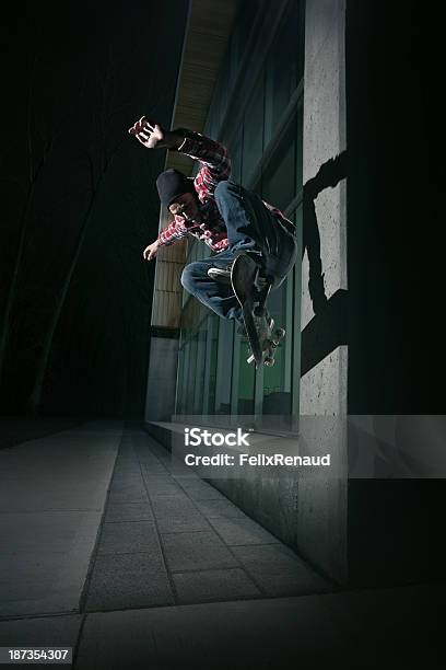 Skateboarder Doing Wallie On A Wall Stock Photo - Download Image Now - Skateboarding, Camera Flash, Flash