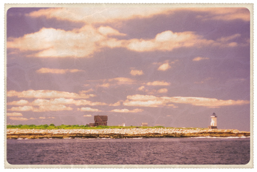 Retro-styled postcard of a lighthouse and cottage off the coast of New England -- all artwork is my own...For hundreds of similar vintage postcards from around the world, click the banner below...