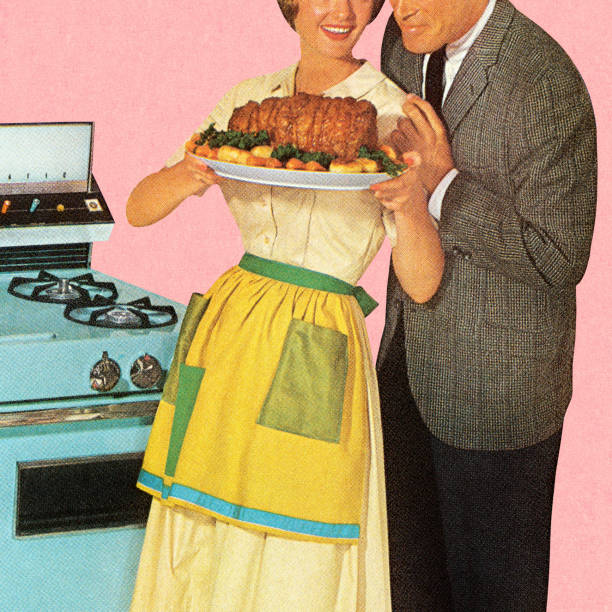 illustrazioni stock, clip art, cartoni animati e icone di tendenza di coppia ammirando di carne arrosto - stereotypical homemaker