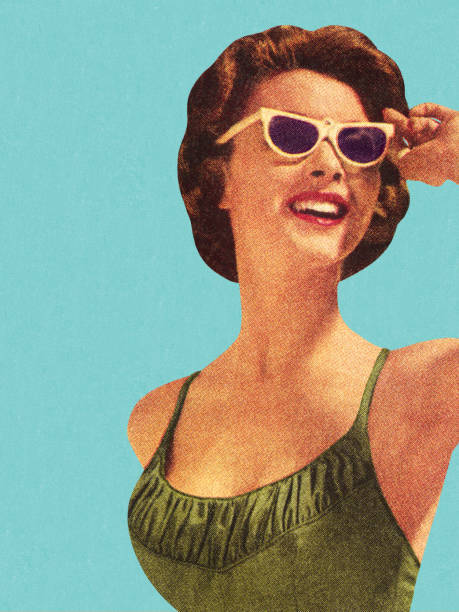 illustrations, cliparts, dessins animés et icônes de femme portant des lunettes de soleil et maillot de bain vert - retro revival