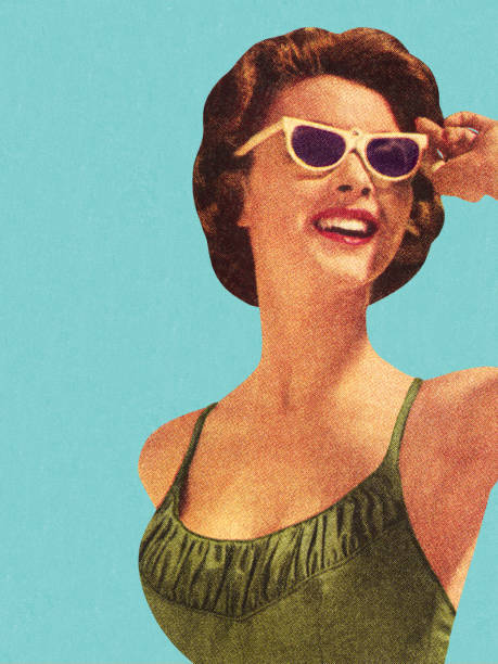 illustrazioni stock, clip art, cartoni animati e icone di tendenza di donna indossando costume da bagno con occhiali da sole e verde - vecchio stile