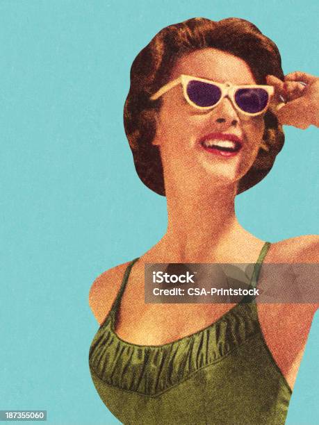 Woman Wearing Sunglasses And Green Swimsuit Stock Illustration - Download Image Now - Retro Style, Old-fashioned, Women