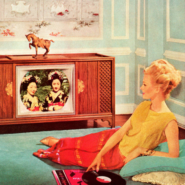 Woman Watching TV In Blue Room Woman Watching TV In Blue Room television industry illustrations stock illustrations