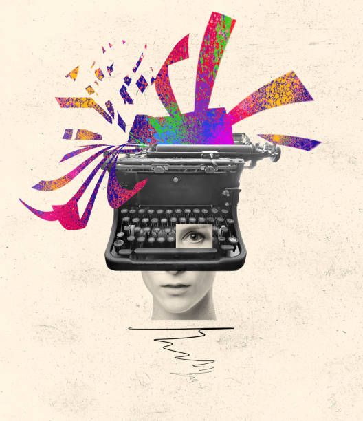 pop art collage. female typing on retro typewriter over creative design background. - typewriter writing journalist typing imagens e fotografias de stock