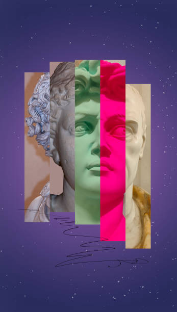 istock Collage with antique sculptures as human face in pop art style. Modern creative concept image with ancient statue head. Contemporary art poster 1873557842