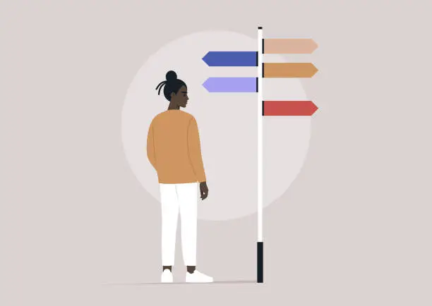 Vector illustration of A pivotal moment for a character standing before a signpost adorned with multiple directional arrows, symbolizing various life paths, signifying a decision with profound implications