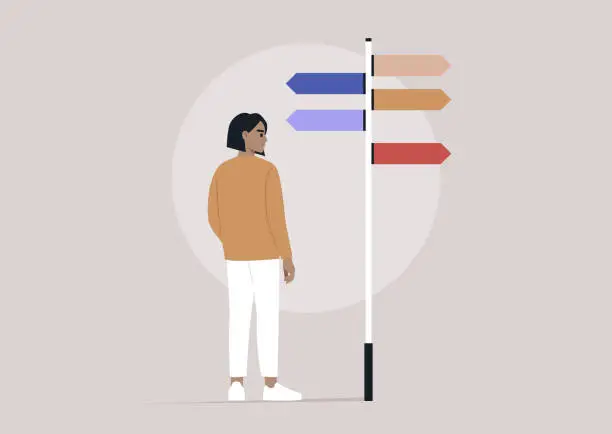 Vector illustration of A pivotal moment for a character standing before a signpost adorned with multiple directional arrows, symbolizing various life paths, signifying a decision with profound implications