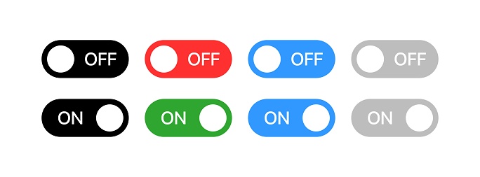 On Off sliders icons set. Flat, color, on button, off button, on off sliders icons. Vector icons