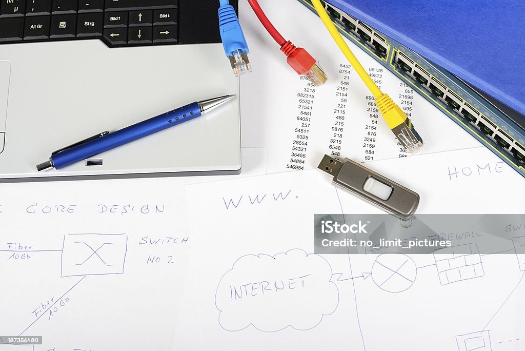 engineer workplace Workplace of a computer specialist. Ballpoint Pen Stock Photo