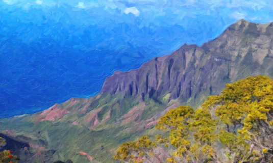 Oil painting of the iconic Kalalau Valley mountains (Kauai, HI), painted digitally from photograph.