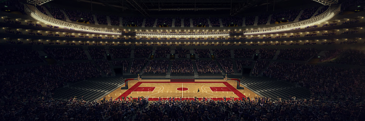 Aerial view. 3D model of empty basketball playground, arena court before championship. Stadium full of fans. Field for team games with crowdy stages. Concept of sport battle, champion, victory.