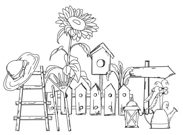 Vector illustration of Hand-Drawn Coloring Page For Kids Featuring A Ladder, Hat, And Pots With Seedlings In A Garden Illustration.