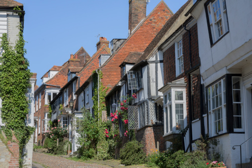 the old cobbled steets of the town of rye in east sussex uk. this is mermaid street/