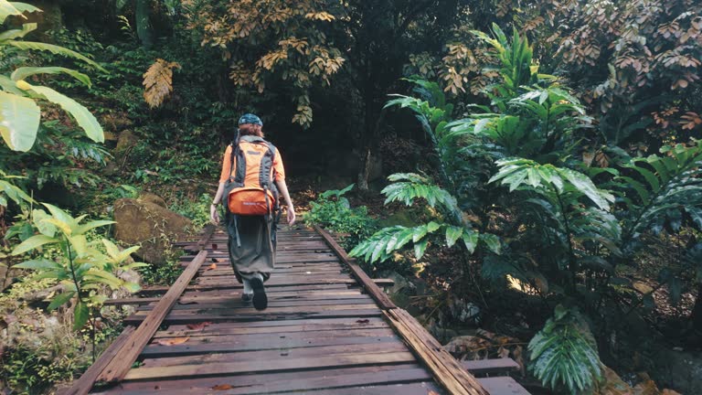 rear view Asian Chinese young woman crossing footbridge hiking during weekend morning