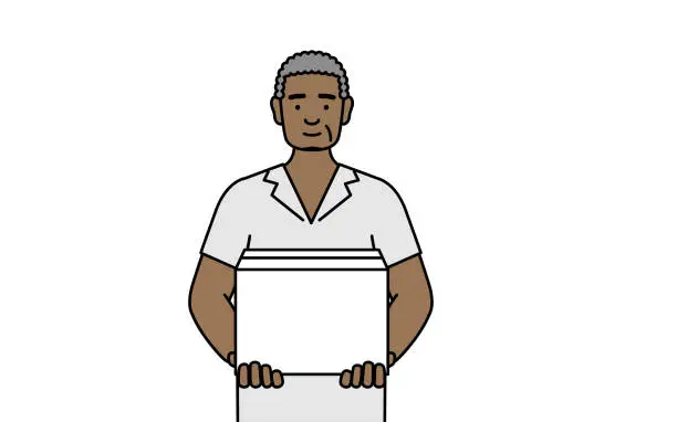 Vector illustration of African senior man working to carry cardboard boxes
