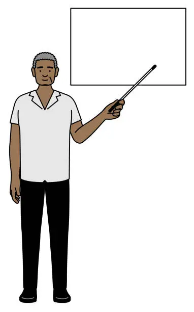 Vector illustration of African senior man pointing at a whiteboard with an indicator stick.