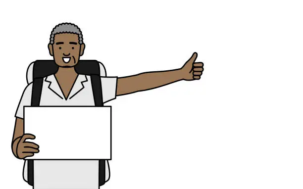 Vector illustration of African senior man hitchhiking with a smile