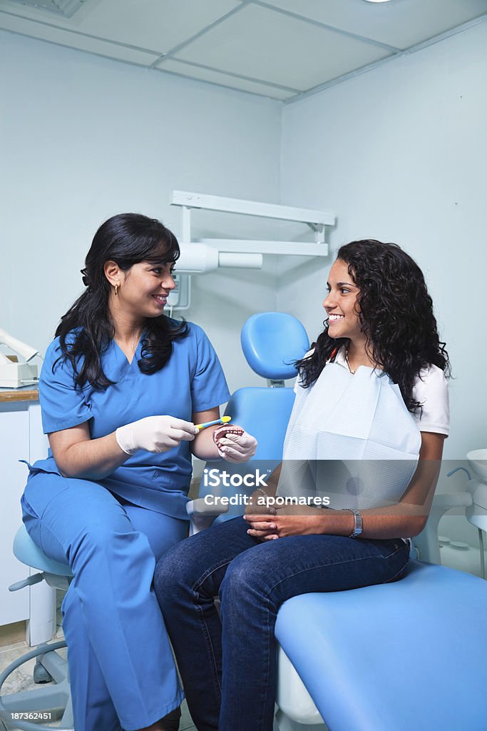 Dentist teaching toothbrush techniques to young woman patient Adult Stock Photo