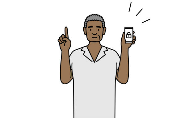 illustrations, cliparts, dessins animés et icônes de un homme âgé africain prend des mesures de sécurité pour son téléphone. - travel simplicity multi colored japanese culture
