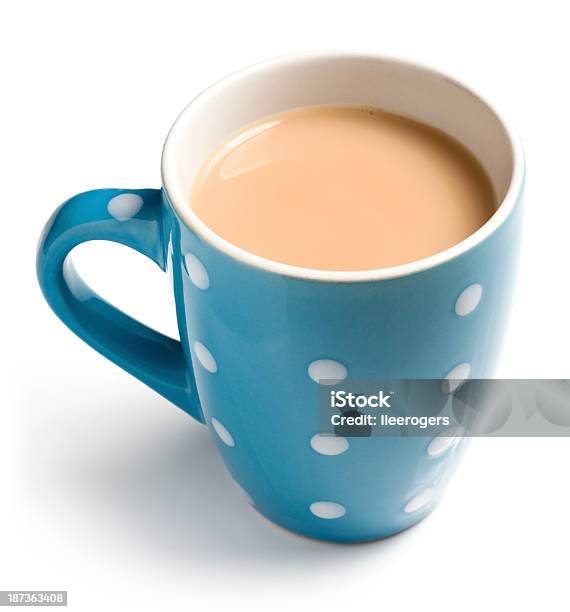 A Blue And White Polka Dot Colored Cup Of Tea Stock Photo - Download Image Now - Tea - Hot Drink, Mug, Cup