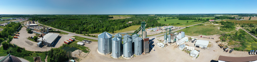 An aerial panorama of a grain handling operation in Ontario, Canada