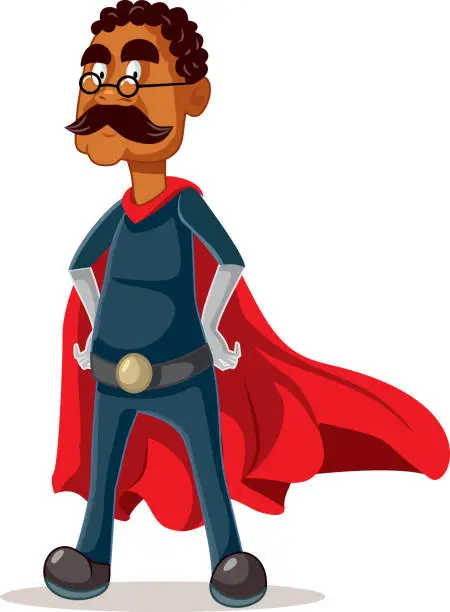 Vector illustration of Vector Superhero Grandpa of African Ethnicity Wearing Red Cape