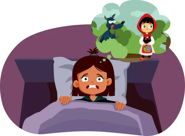 Vector illustration of Vector Girl Unable to Sleep Due to Horror Fairy Tale