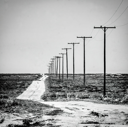 This photograph depicts a series of wooden telephone poles aligned along a winding dirt road in a desolate landscape.