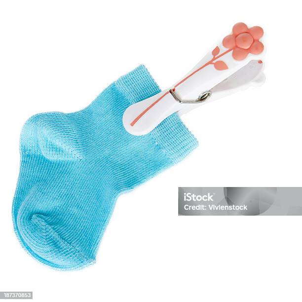 Sock On A Clothespin Stock Photo - Download Image Now - Baby - Human Age, Blue, Child