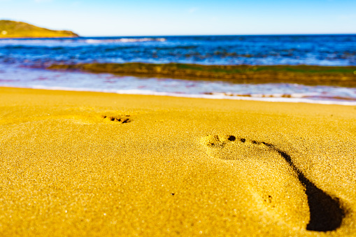 Human steps on shore. Footprints in sand on beach. Travel, summer vacation in seaside resort.