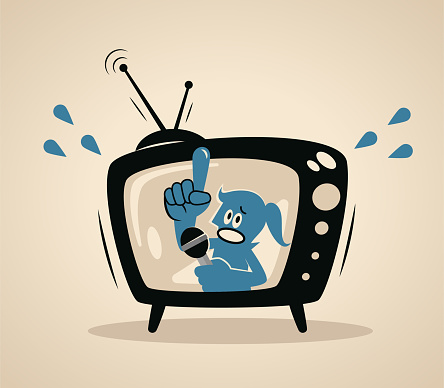 Blue Cartoon Characters Design Vector Art Illustration.
A blue woman host on a TV screen talking with a microphone.