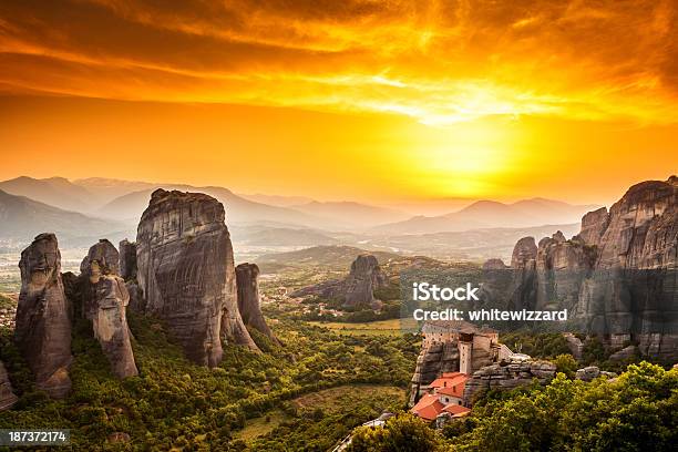 Meteora Roussanou Monastery At Sunset Greece Stock Photo - Download Image Now - Abbey - Monastery, Architecture, Beauty