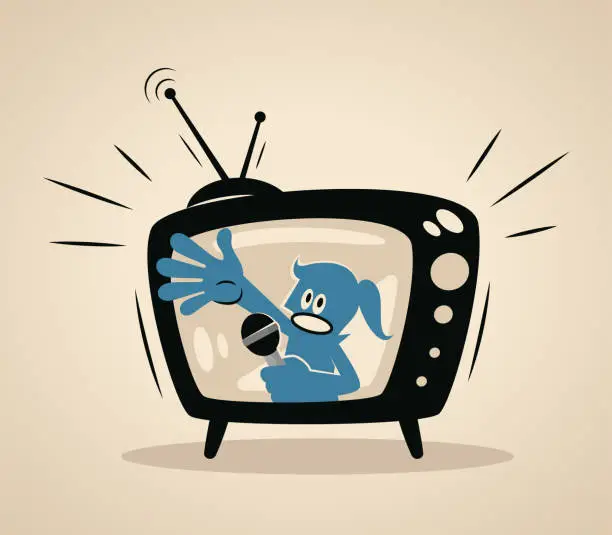 Vector illustration of A blue woman host on a TV screen talking with a microphone