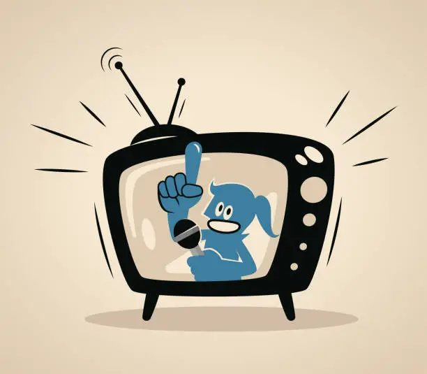 Vector illustration of A blue woman host on a TV screen talking with a microphone